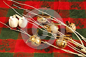 CHRISTMAS decorations,  two white doves, gold jingle bells,