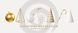 Christmas decorations vector collection. Set of realistic 3d white gold trendy decorations for christmas design isolated