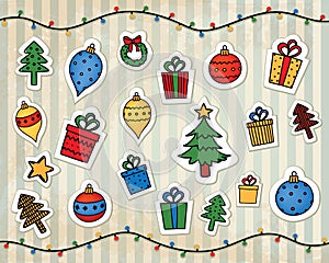 Christmas decorations on a vintage striped background