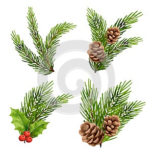 Christmas decorations watercolor style. Holly berry, fir, branch, pine cone, spruce, isolated on white background