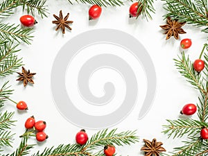 Christmas decorations on a white background, berries rose hips, stars, fir branches. copy space