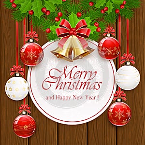 Christmas decorations on wooden background with card