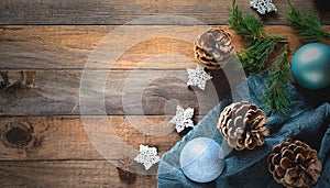 Christmas decorations, wooden background, copy space