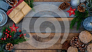 Christmas decorations, wooden background, copy space