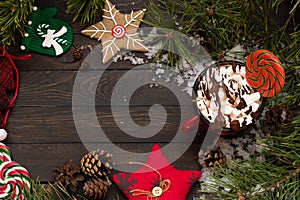 Christmas decorations on a wooden background. ?opy paste