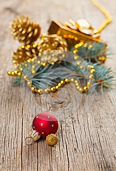 Christmas decorations on wooden plank