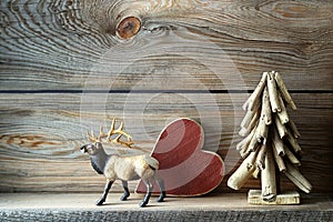 Christmas decorations on wooden shelf