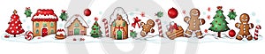 Christmas decorative banner with gingerbread men cookies, gifts, candies and christmas cake.