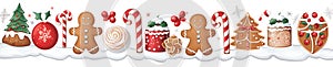 Christmas decorative banner with gingerbread men cookies, gifts, candies and christmas cake.