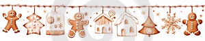 Christmas decorative banner with gingerbread men cookies, gifts, candies and christmas cake.