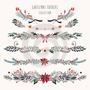 Christmas decorative borders with hand drawn floral branches