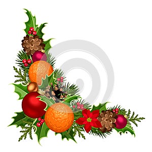 Christmas decorative corner with balls, holly, poinsettia, cones and oranges. Vector illustration.