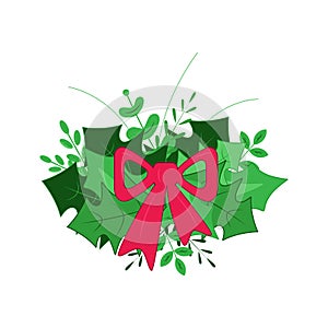Christmas decorative element. Wreath icon. Green leaves with red bow