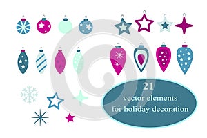Christmas decorative elements collection. Set of 21 elements. Vector flat holiday stickers design in pink and blue colors.