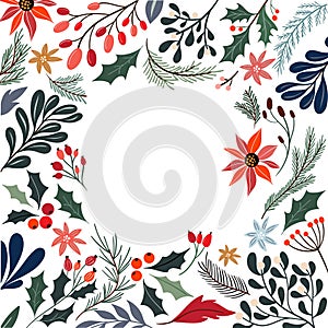 Christmas decorative frame with seasonal flowers and plants