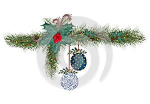 Christmas decorative garland with ornaments, fir tree branches, holly and berries, watercolor Christmas garland illustration