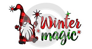 Christmas decorative inscription with the words Magic Winter and a magic gnome in a red and black cage