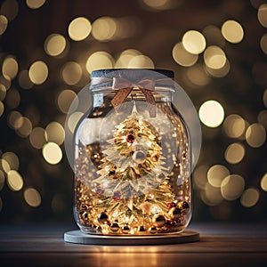 Christmas decorative lights and a tree in a glass bauble or jar. New year\'s evening. Christmas gift idea.