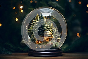 Christmas decorative lights and trees in a glass bauble or globe. New year\'s eve theme.