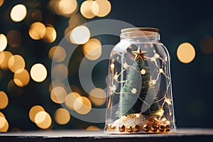 Christmas decorative lights and trees in a glass jar, bauble. New year\'s evening. Christmas gift.