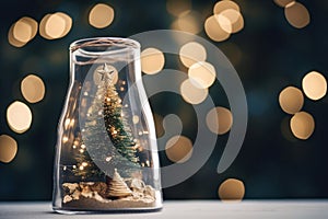 Christmas decorative lights and trees in a glass jar, bauble. New year\'s evening. Christmas gift.