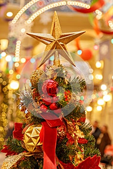 A Christmas decorative - star on the top of A Christmas tree with a beautiful bokeh background