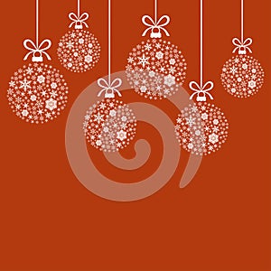 Christmas decorative white balls of snowflakes on red background