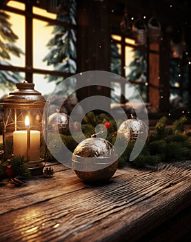 Christmas decorative winter lantern wooden background seasonal holiday lights advent snow xmas candle