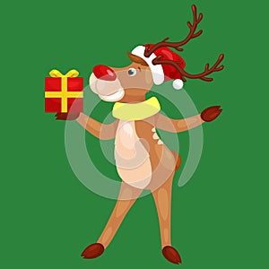 Christmas deer with banner isolated, happy winter xmas holiday animal greeting card, santa helper reindeer vector