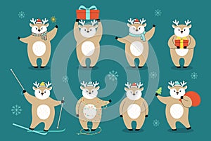 Christmas deer cartoon set New Year cute reindeer