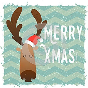 Christmas deer happy face. Cartoon funny character. Graphic style on Christmas and New Year.