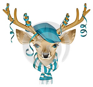 Christmas deer head in fashionable hat and striped scarf