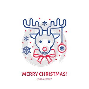 Christmas deer, new year decoration flat line icon. Winter holidays vector illustration. Sign of happy reindeer with