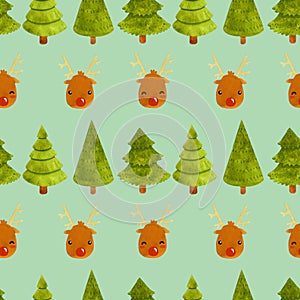 Christmas deer pattern with new year tree