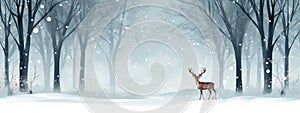 Christmas deer in the snowy forest. cute deer illustration, cool colors. wild nature.