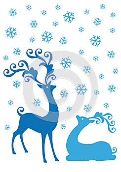 Christmas deers in snowfall, vector