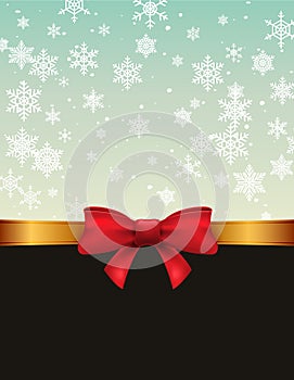 Christmas defocused bokeh background with red bow. Gift card holiday celebration invitation xmas