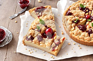 Christmas delicious Crumbly shortbread pie with plum and apple jam on wooden background