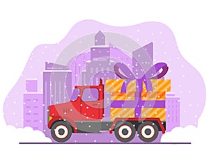 Christmas delivery truck gift box.Winter city skyline with skyscrapers.