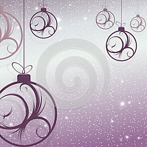 Christmas design with beautiful balls with an abstract pattern of purple hues, snowflakes and glitter.