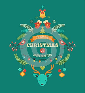 Christmas design with birds, elements and deer