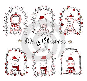 Christmas design with the cute animal cartoon in floral frame. Hand drawn cartoon style