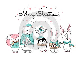 Christmas design with the cute animal cartoon and the gift box. Hand drawn cartoon style