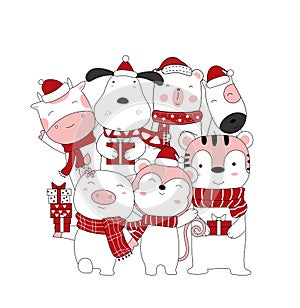 Christmas design with the cute animal cartoon and the gift box. Hand drawn cartoon style