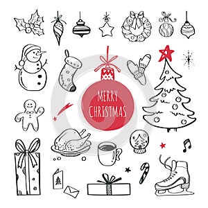 Christmas design doodle elements. Vector hand drawn set