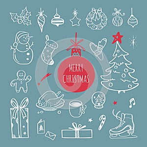 Christmas design doodle elements. Vector hand drawn set