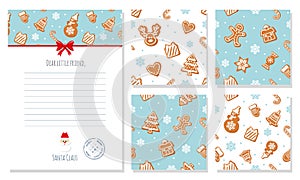 Christmas design elements set. Letter from Santa Claus template and seamless patterns with gingerbread cookies.