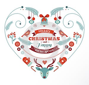 Christmas design heart with birds and deer