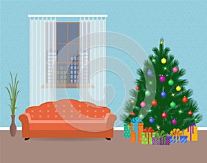 Christmas design living room interior with christmas tree and pile of gifts. Xmas and new year family holiday