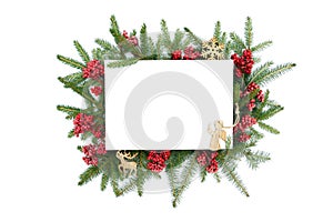Christmas design template with copy space for greeting cards, invitations, posters. Christmas frame with wooden Christmas